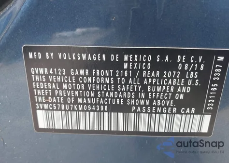 2019 Volkswagen Jetta 1.4T R-Line/1.4T S/1.4T Se z USA, uszkodzony, nr VIN 3VWC57BU7KM094396